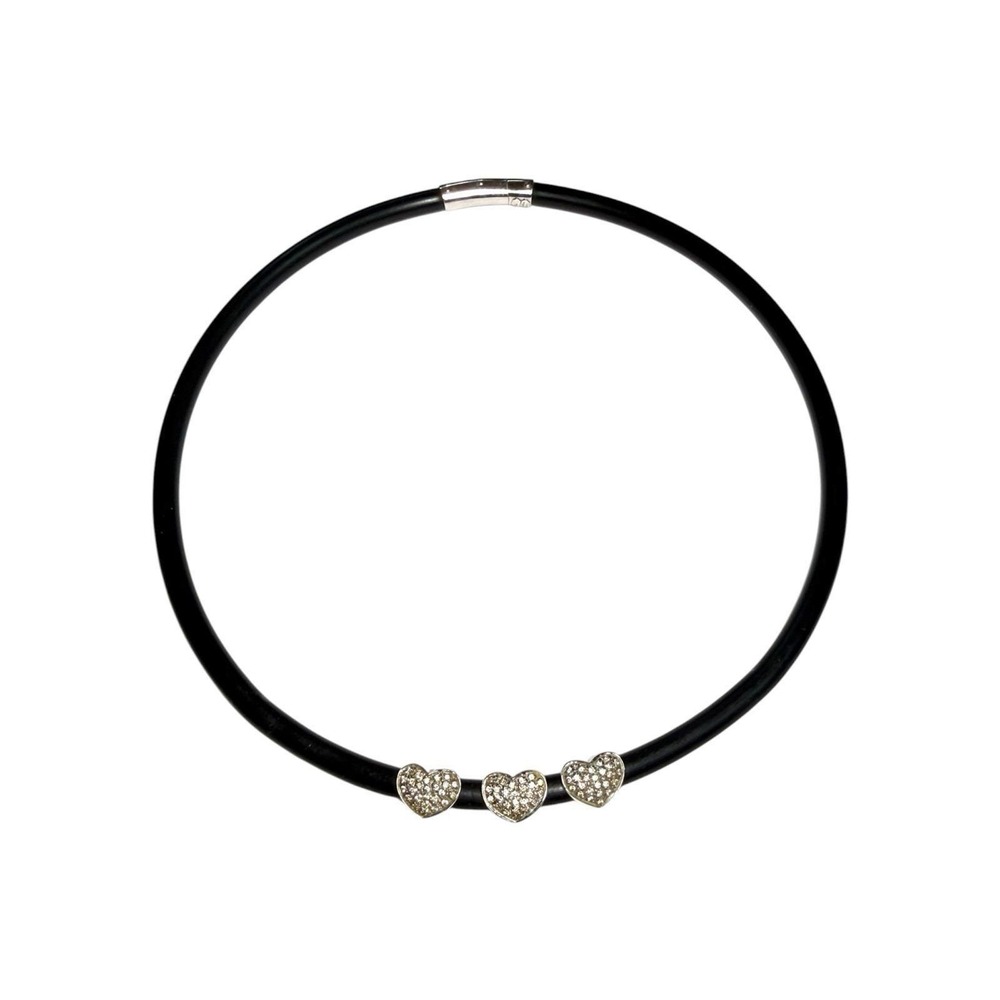 Authentic Elite 18K white gold & diamond heart necklace on black rubber cord